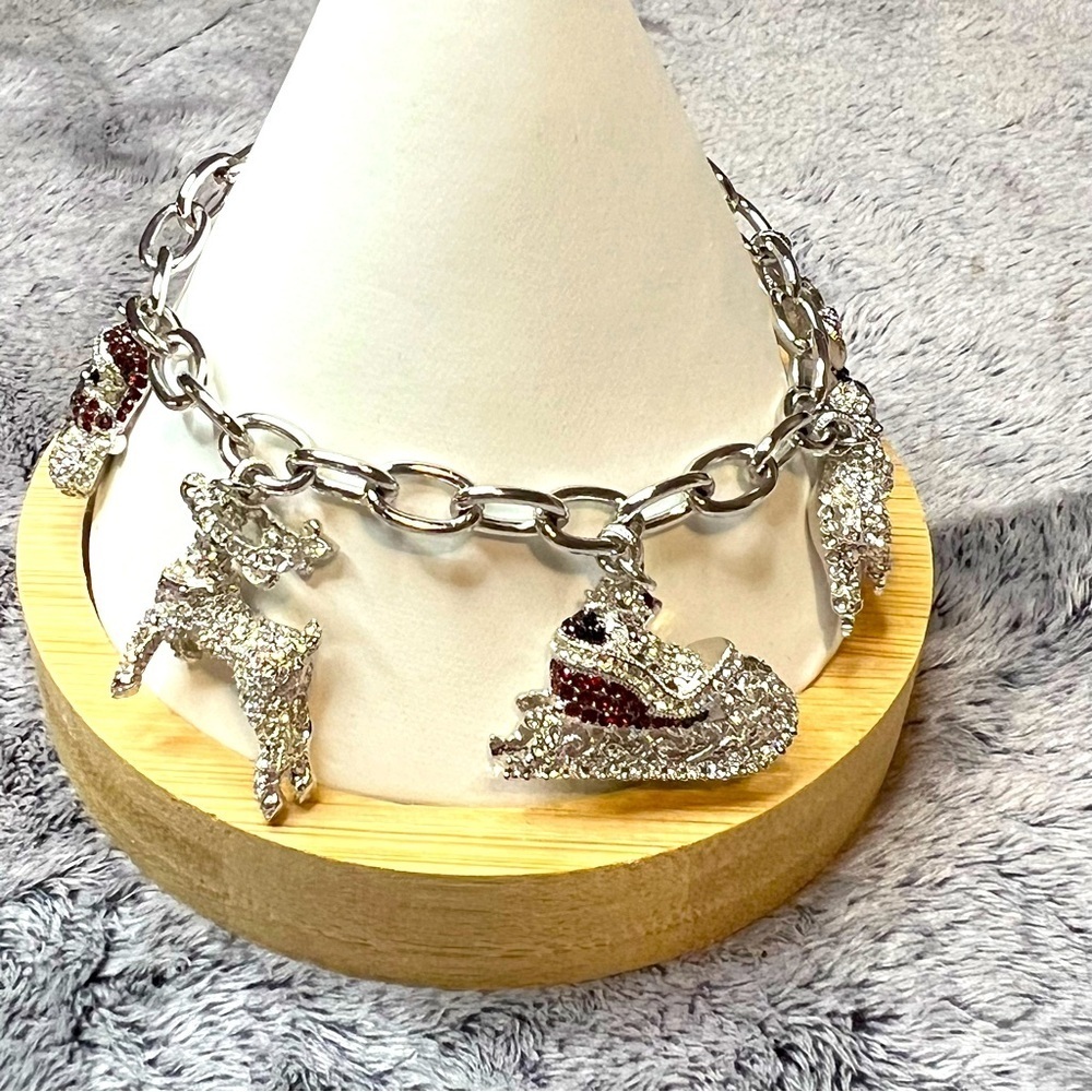 Rhinestone Holiday Charm Bracelet Silver Tone 5 Charm Design